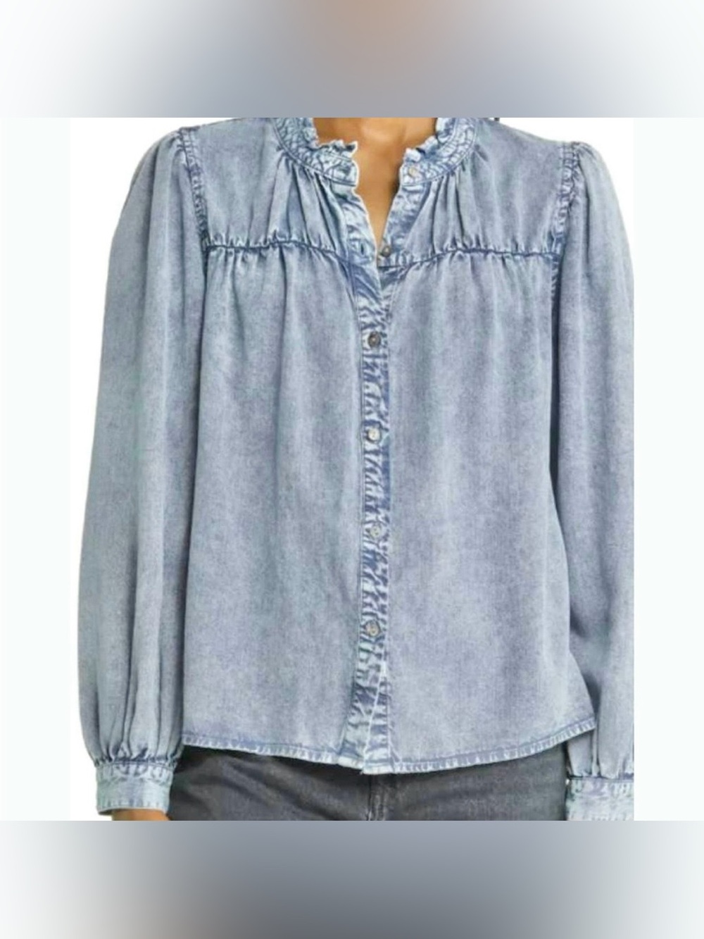 NWT Savanna Jane Denim Chambray Button Up Peasant Blouse Large Ruffle Yoke Boho